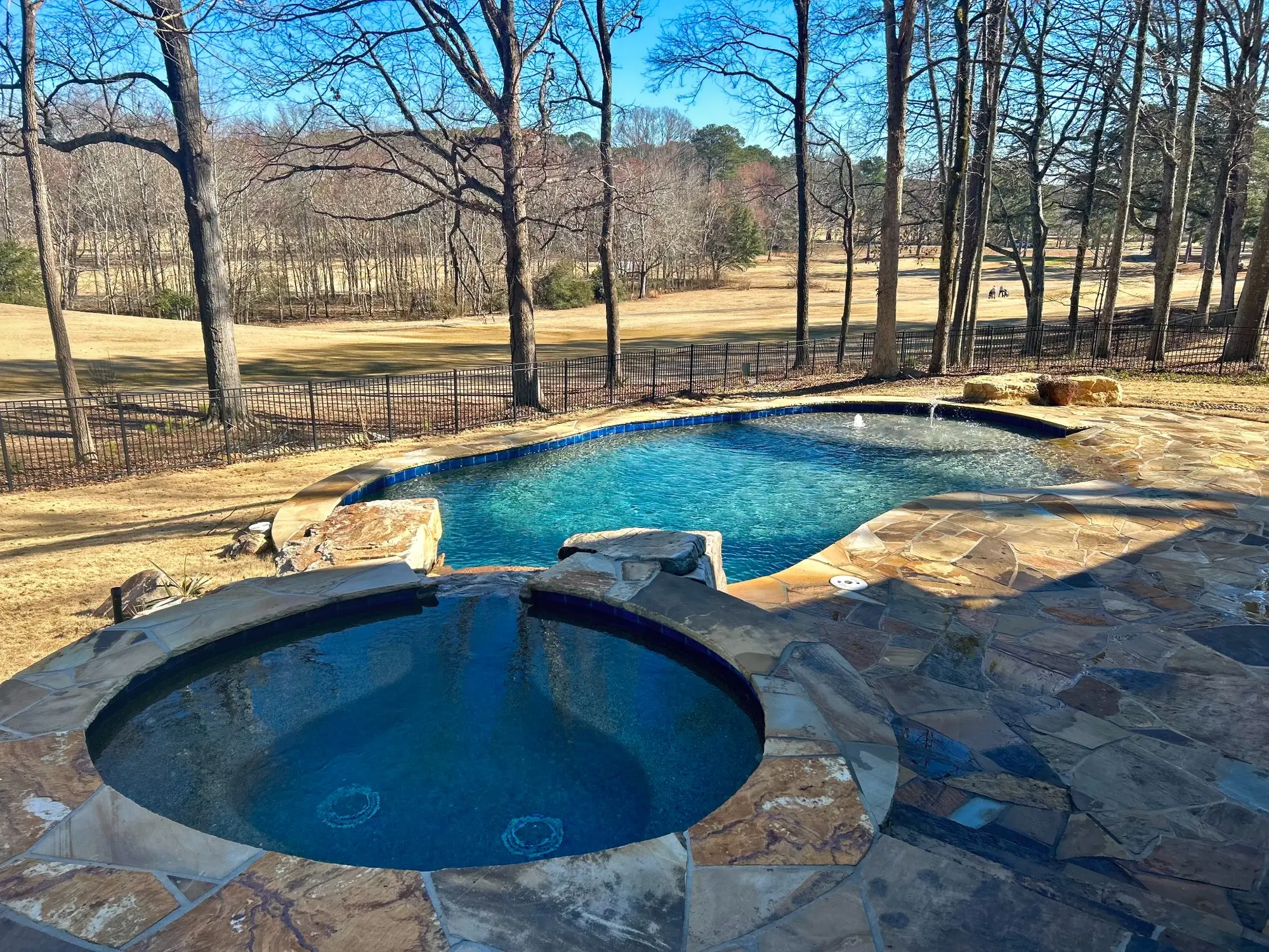Freeform pool and circular spa overlooking a golf course